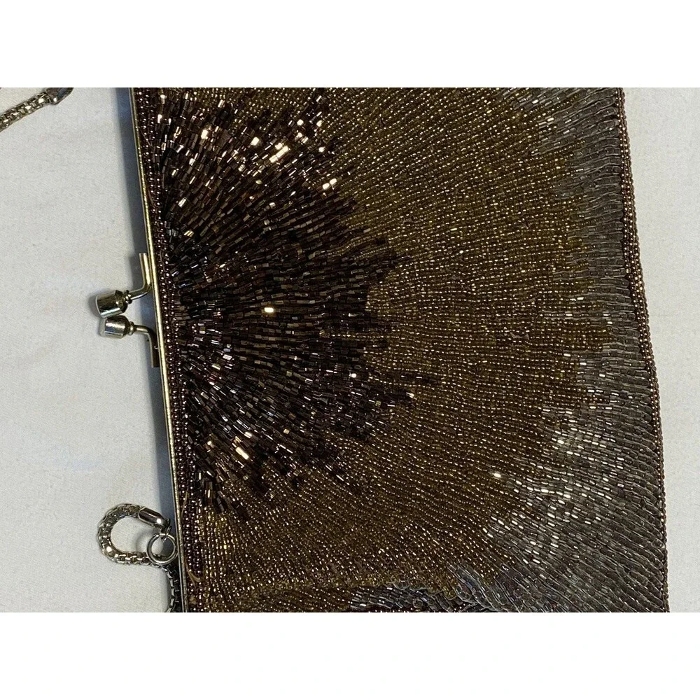 Silver, Bronze, Gold Beaded Party Purse w/Snap Kiss Closure Vintage